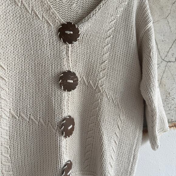 Handknit Cardigan Womens S/M Ivory Cotton Chunky Knit Sweater Oversized Buttons - Picture 2 of 7
